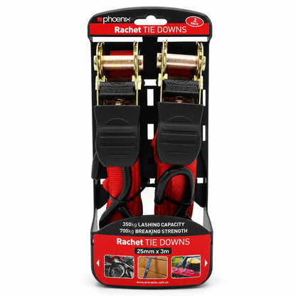 Phoenix Ratchet Tie Down Straps 25mm x 3m – 350kg Lashing Capacity – 2 Pack | 14001