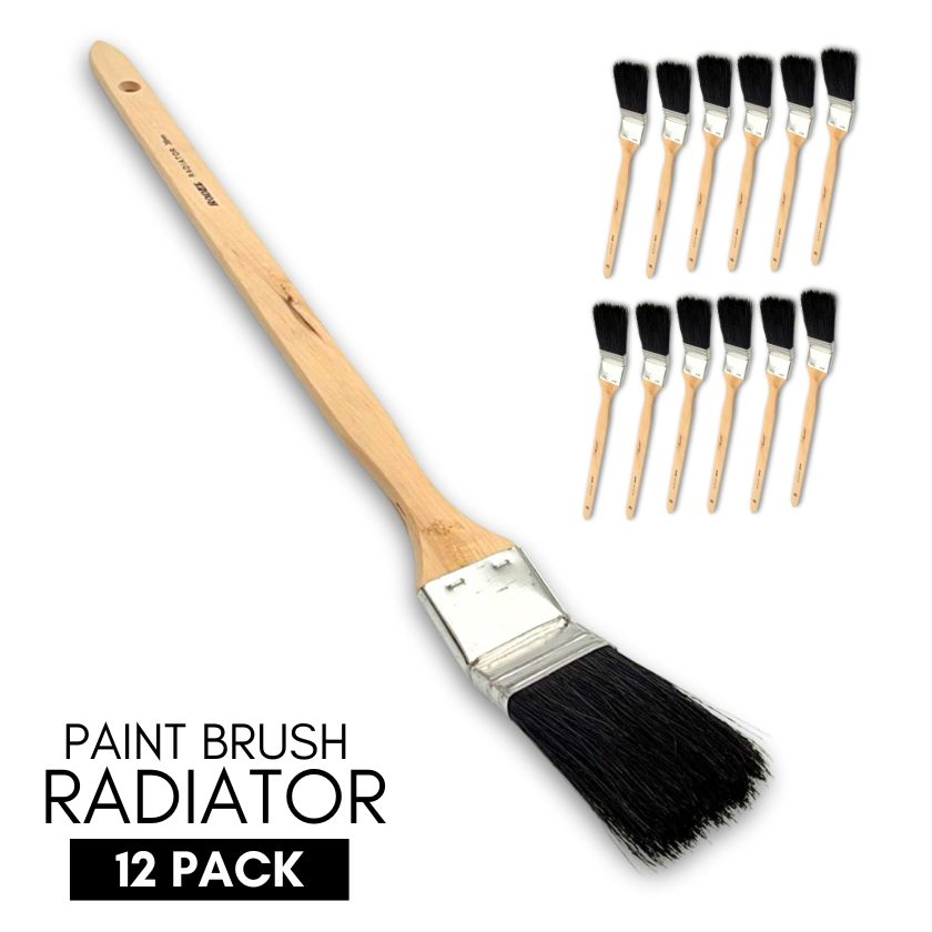 12-Pack Bent Radiator Paint Brushes 38mm– Angled Bristle, Long Wooden Handle for Hard-to-Reach Areas