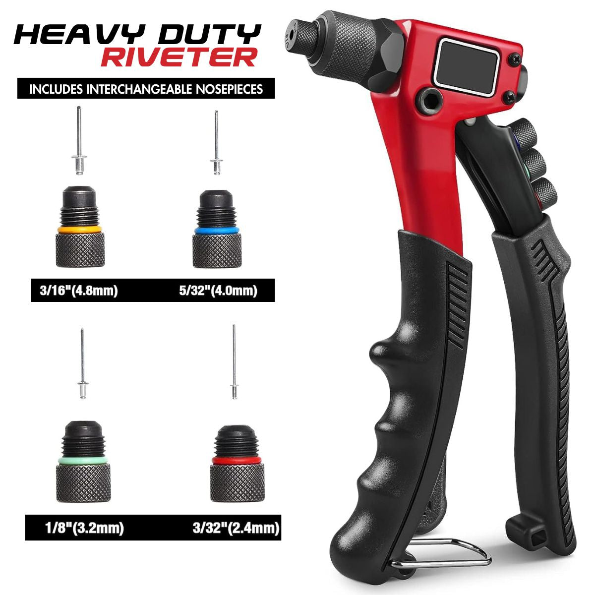 8" Heavy Duty Hand Riveter with 4 Replaceable Nozzles 2.4mm 3.2mm 4mm 4.8mm - South East Clearance Centre