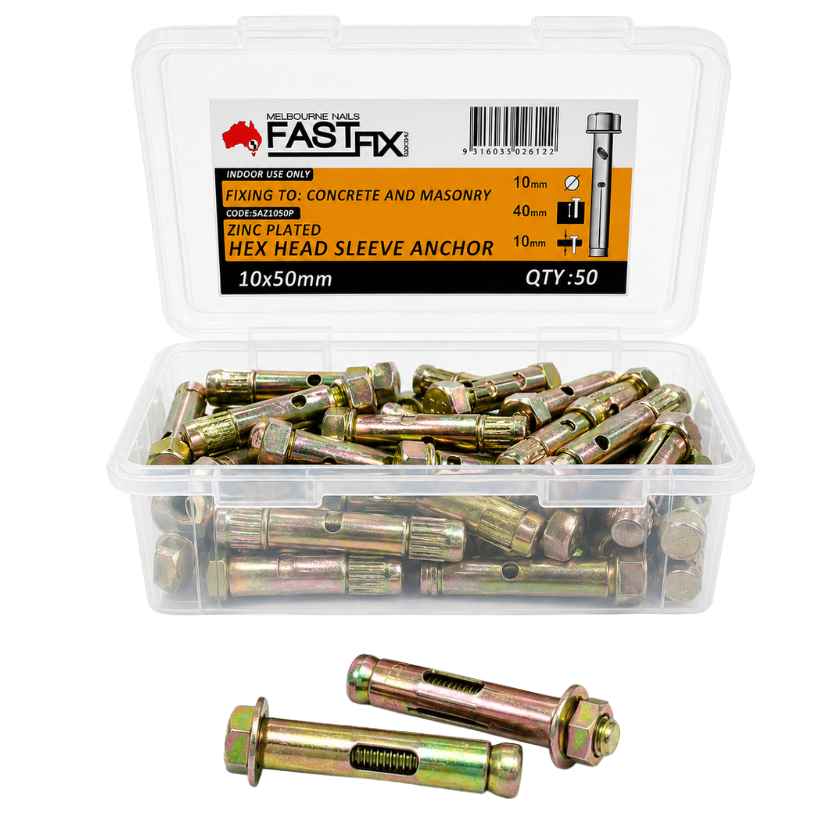 FASTFIX 10 x 50mm Zinc Plated Hex Head Sleeve Anchors – Pack of 50