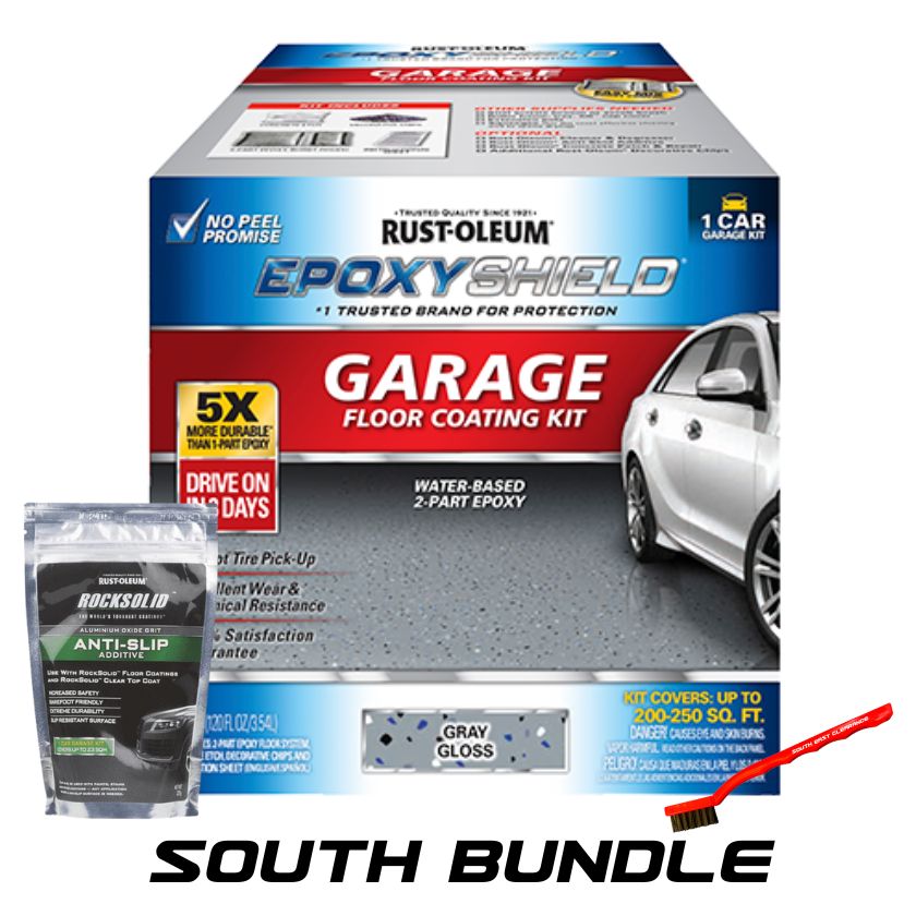 Rust-Oleum Epoxyshield Garage Floor Kit Grey 3.55L - Water-Based Epoxy, For Garage & Concrete Floors, Drive-On in 3 Days, with Showroom-Quality Gloss Finish, Resistant to Gasoline, Oil, and Wear with anti slip & cleaning brush