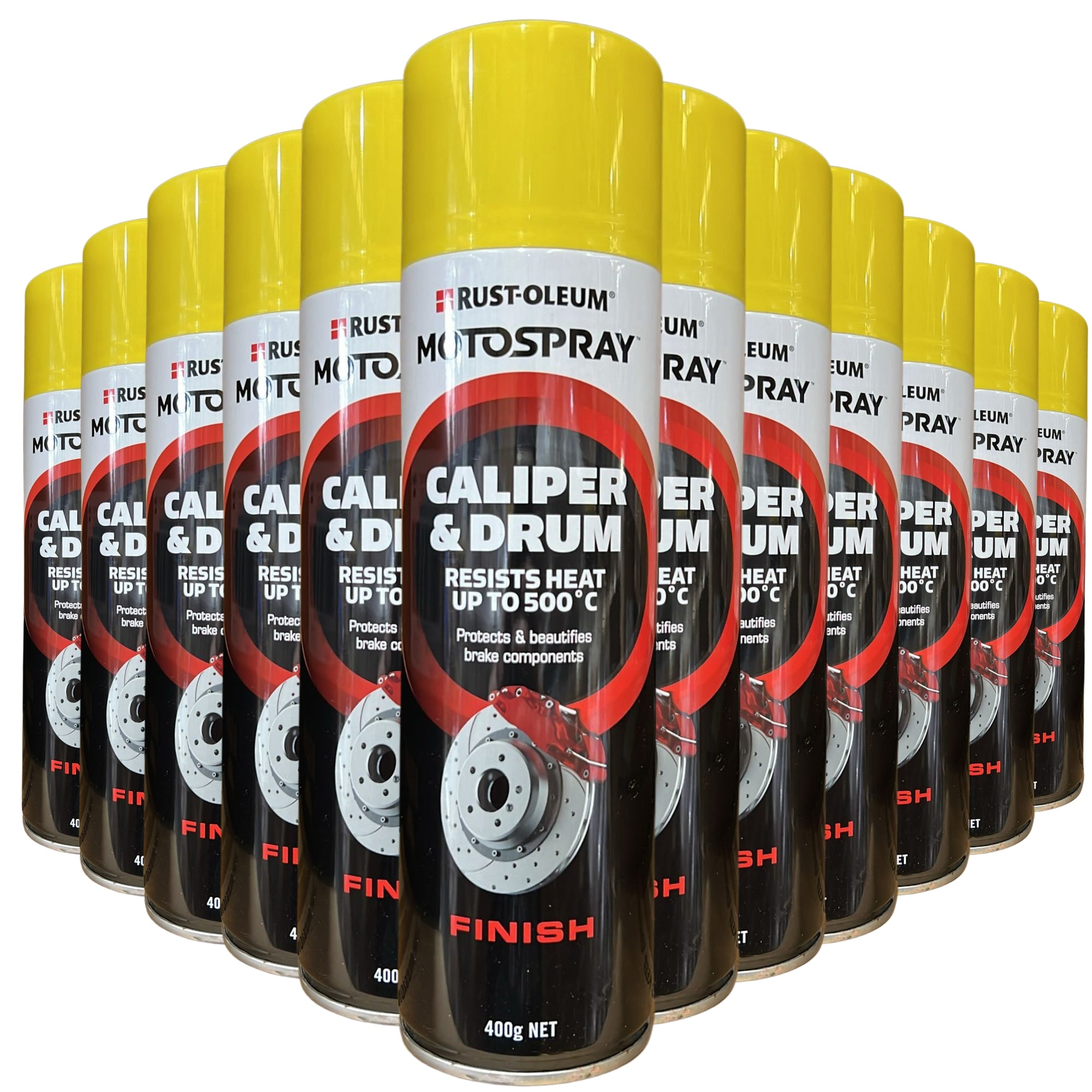 RUSTOLEUM MOTOSPRAY BRAKE CALIPER &amp; DRUM PAINT (UP TO 500C / 932F) BRIGHT YELLOW 400G CP4003 (12 Cans) - South East Clearance Centre