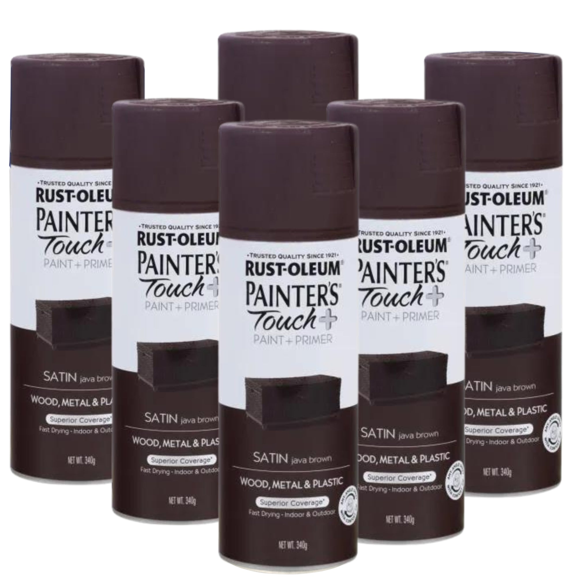 Rust-Oleum Spray Paint Satin PAINTERS TOUCH | Satin Java Brown 340G (6 Cans) - South East Clearance Centre