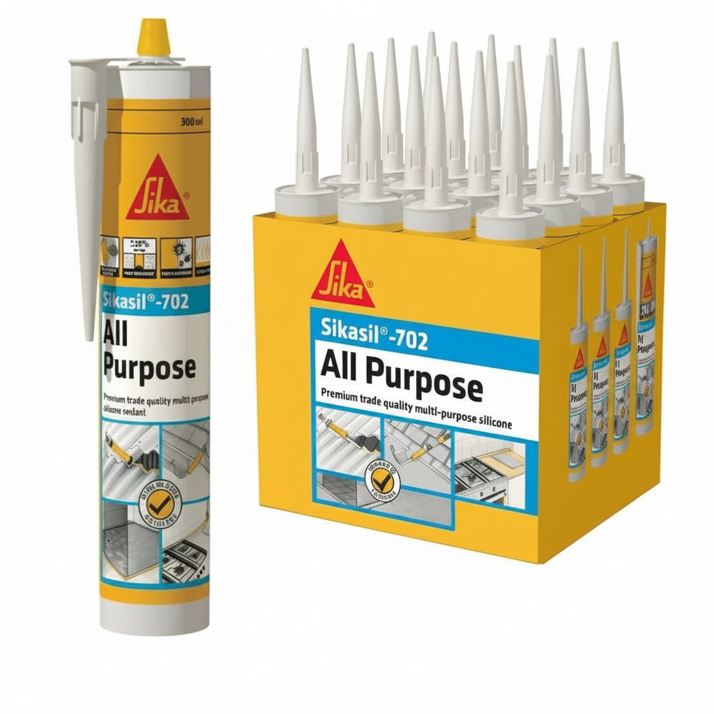 Sika All Purpose silicone sealant with packaging on a white background