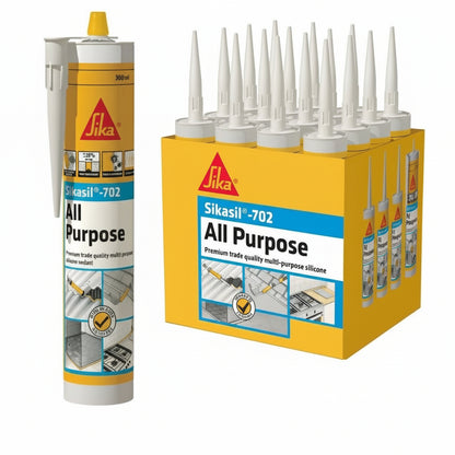 Sika All Purpose silicone sealant with packaging on a white background