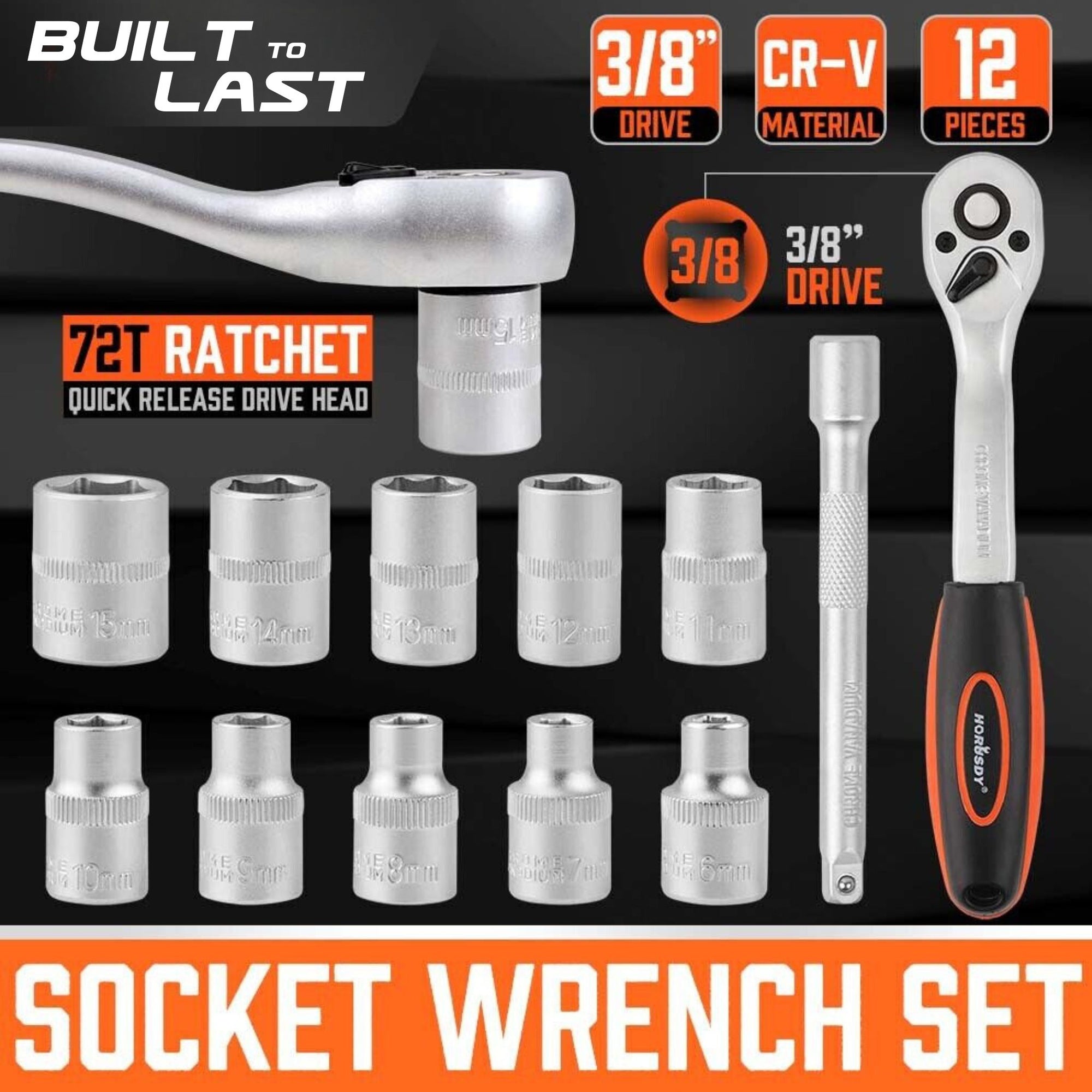 3/8" Socket Wrench Set with Ratchet & Extension Bar | 12 Pieces | 6-15mm - South East Clearance Centre