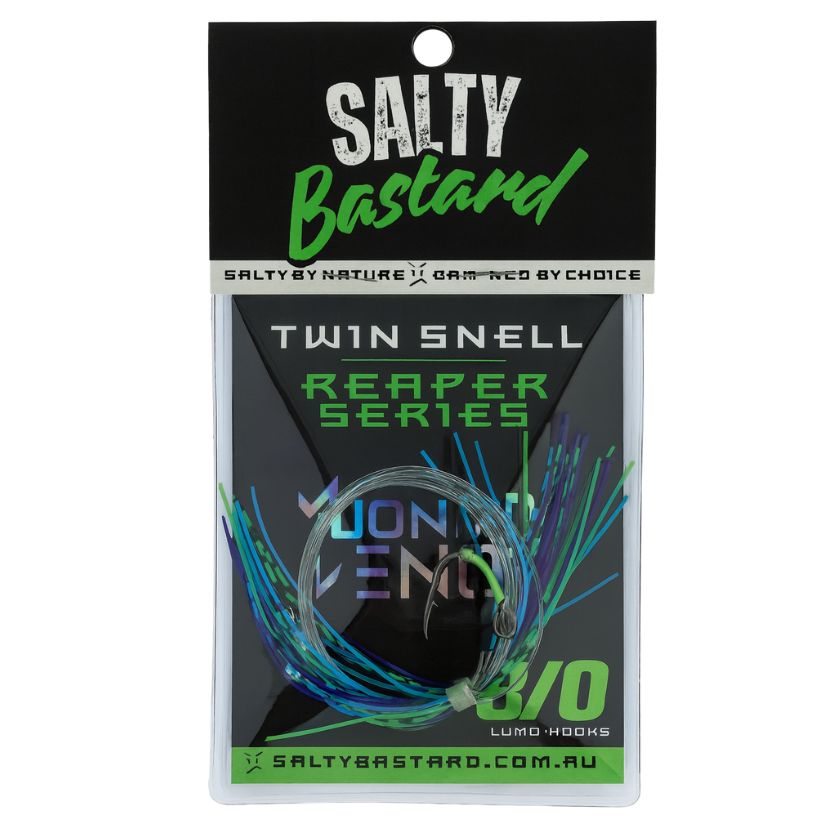 Salty Bastard Twin Snell Reaper Series 5/0 Lumo Hooks – Midnight Venom - South East Clearance Centre