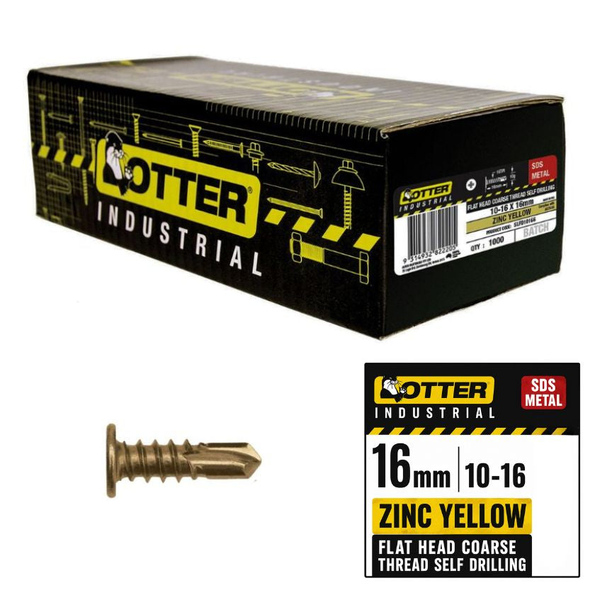 16mm Otter Flat Head Course Thread Self Drilling Framing, Zinc Yellow, (Metal Screws) (1000 Screws) - South East Clearance Centre