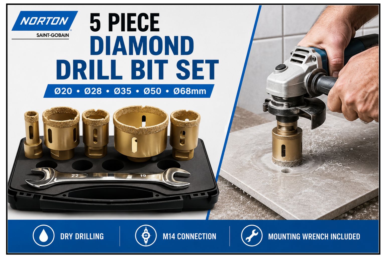 Norton Pro Ceram VB Dry Diamond Drill Bit Set – 5 Piece 20–68mm