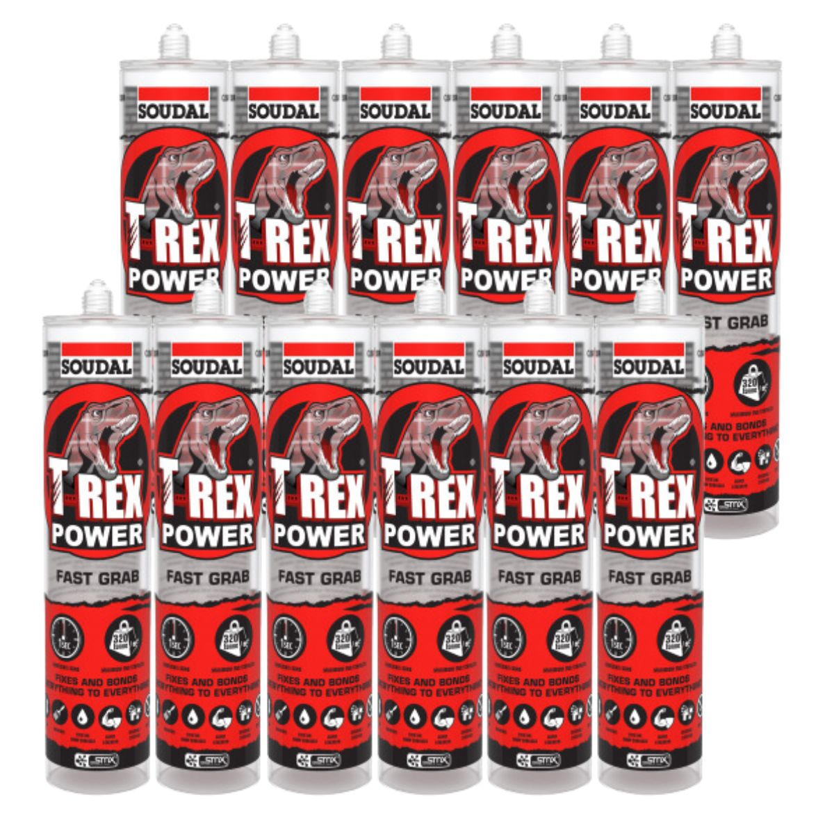Soudal 134912 T-Rex Power Fast Grab 290ml SMX® Polymer Sealant Adhesive Clear (Box of 12) - South East Clearance Centre