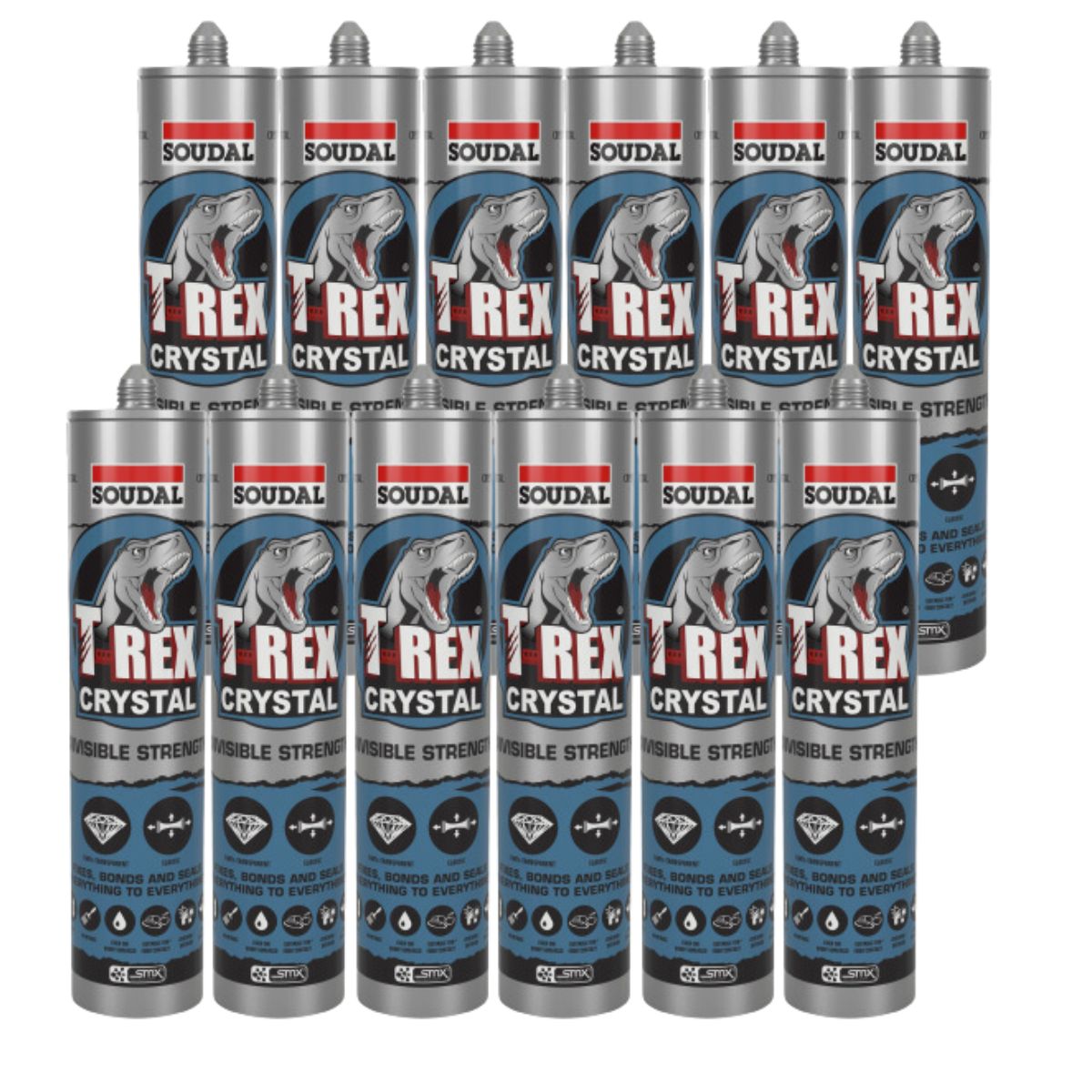 Soudal 121969 T-Rex Power 290ml SMX® Polymer Sealant Adhesive Clear Crystal (Box of 12) - South East Clearance Centre