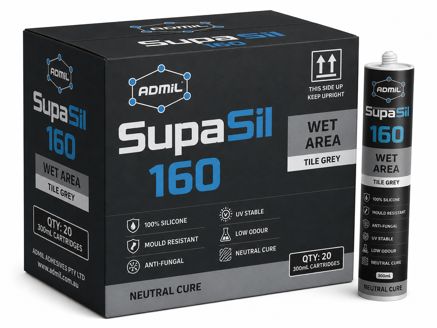 Admil SupaSil 160 Wet Area Silicone Sealant 300ml Neutral Cure – Box of 20 (Tile Grey)