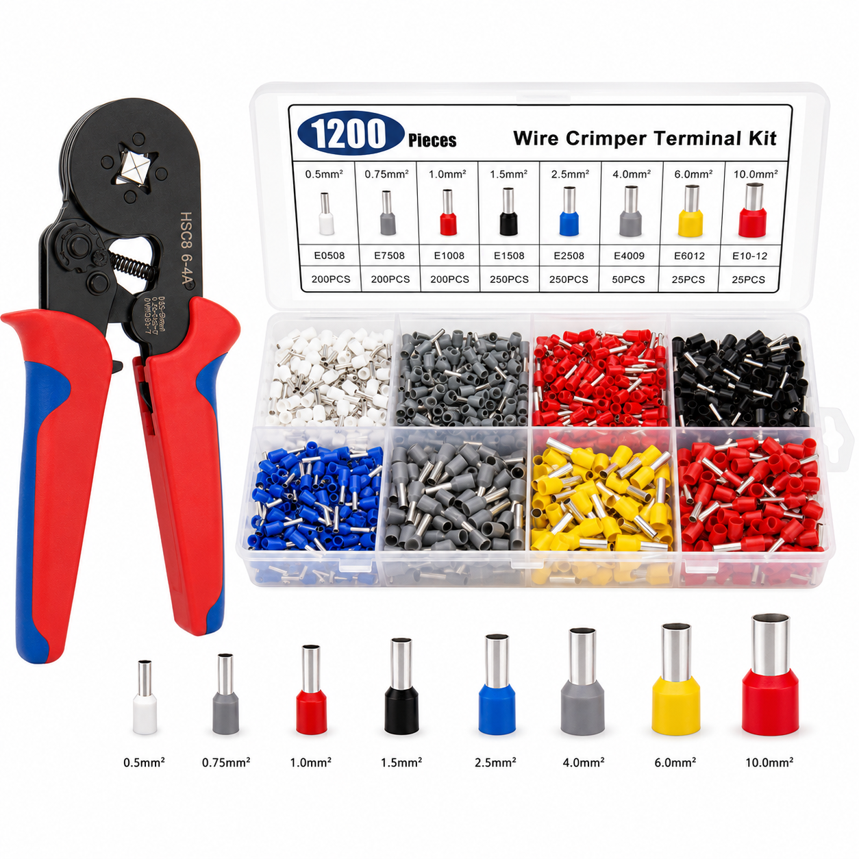 1200 Piece Wire Ferrule Terminal Kit with Self-Adjusting Ratchet Crimping Tool – 0.5–10mm² Insulated Cable Ferrules