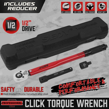 1/2-inch Drive Click Torque Wrench 1/2 Drive - Precision 10-150 ft.lb/13.6-203.5Nm Range, Ratcheting Head with Secure Locking Mechanism, Adapter & Extension - South East Clearance Centre