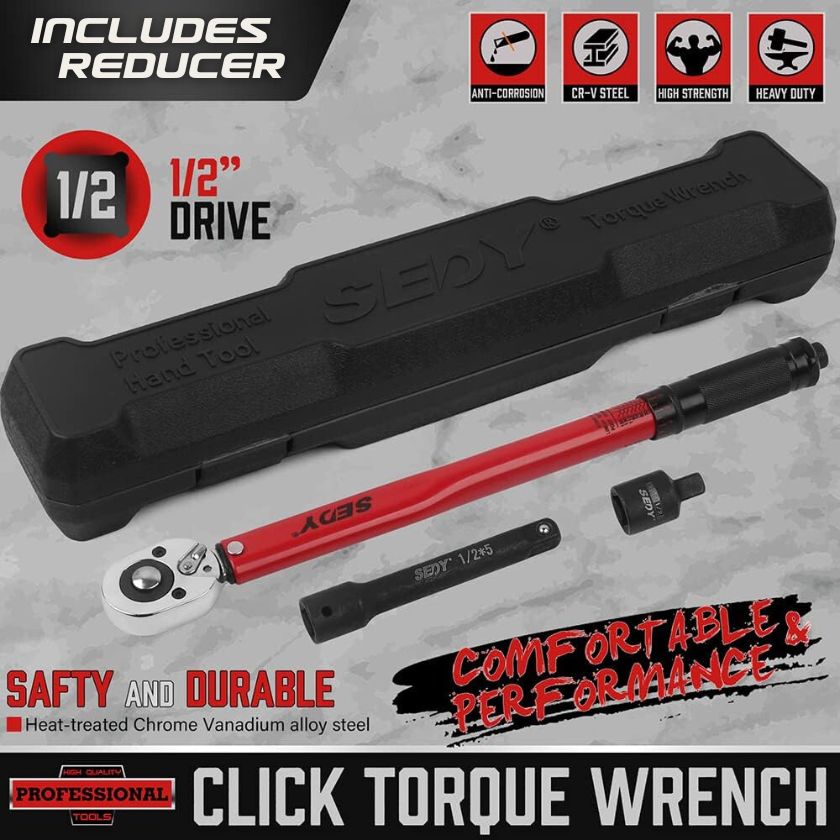 1/2-inch Drive Click Torque Wrench 1/2 Drive - Precision 10-150 ft.lb/13.6-203.5Nm Range, Ratcheting Head with Secure Locking Mechanism, Adapter & Extension - South East Clearance Centre