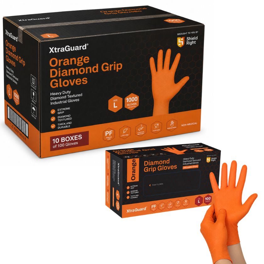 (CARTON OF 1000 GLOVES) - Shield Right XtraGuard Orange Diamond Grip Gloves – Ultra-Tough Heavy-Duty Nitrile Gloves