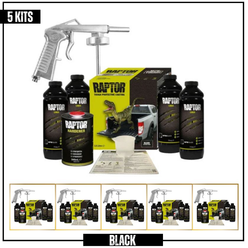 Bulk Pack 5 kits Raptor Liner Black Kit 4L + Spray Gun RLB/S4 - South East Clearance Centre