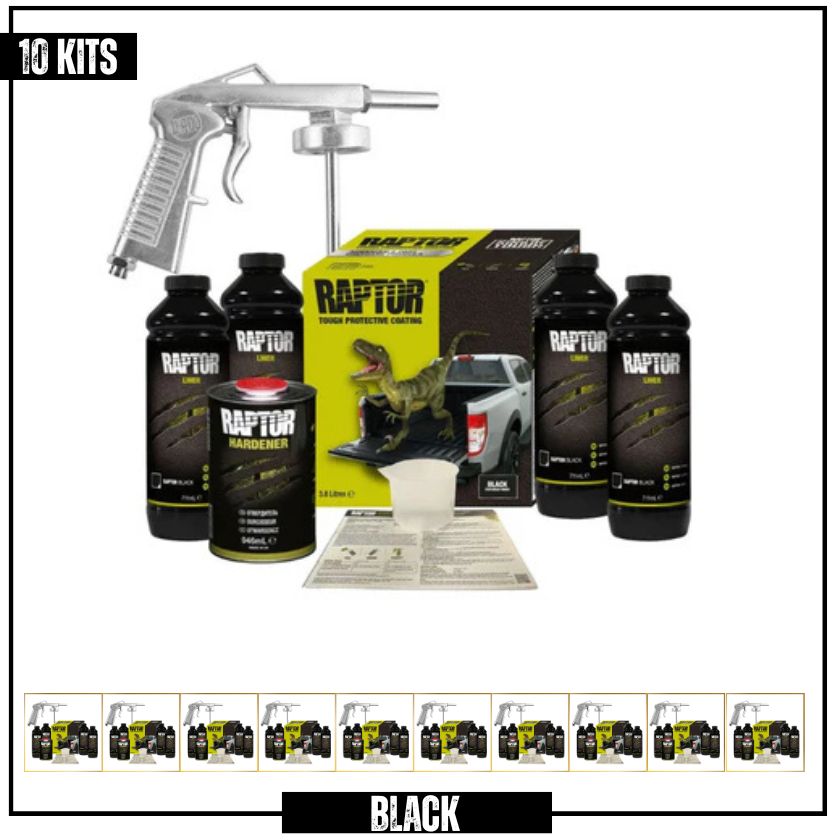 Bulk Pack 10 kits Raptor Liner Black Kit 4L + Spray Gun RLB/S4 - South East Clearance Centre