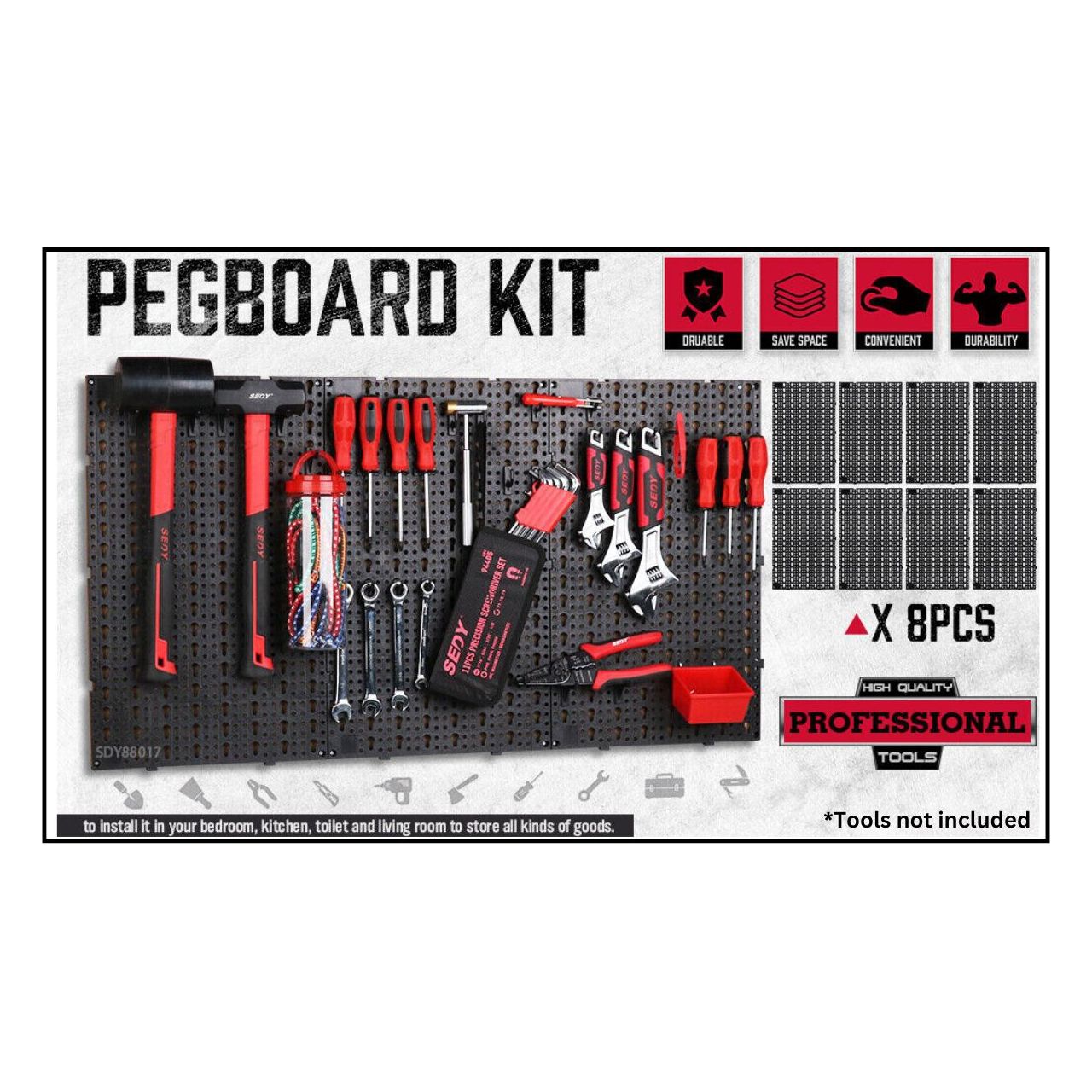 8-Piece Heavy Duty Pegboard Organizer Kit - Versatile Wall Storage Solution