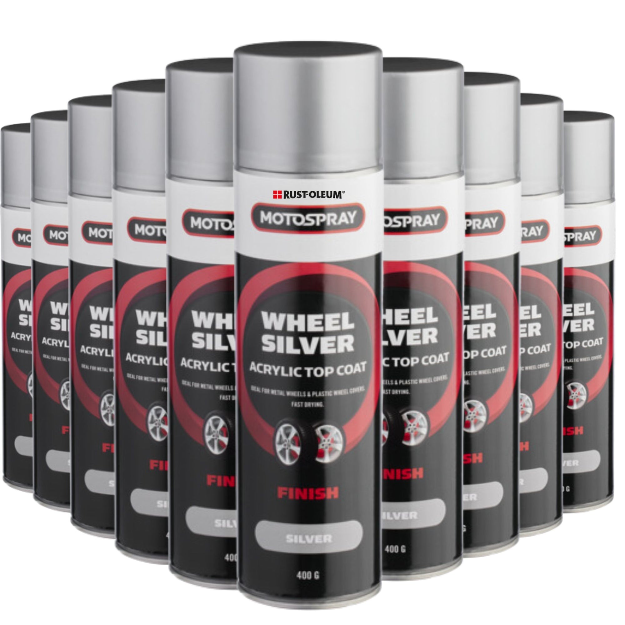 Rust-Oleum Motospray Wheel Silver Acrylic Lacquer Spray Paint - 12 Pack - South East Clearance Centre
