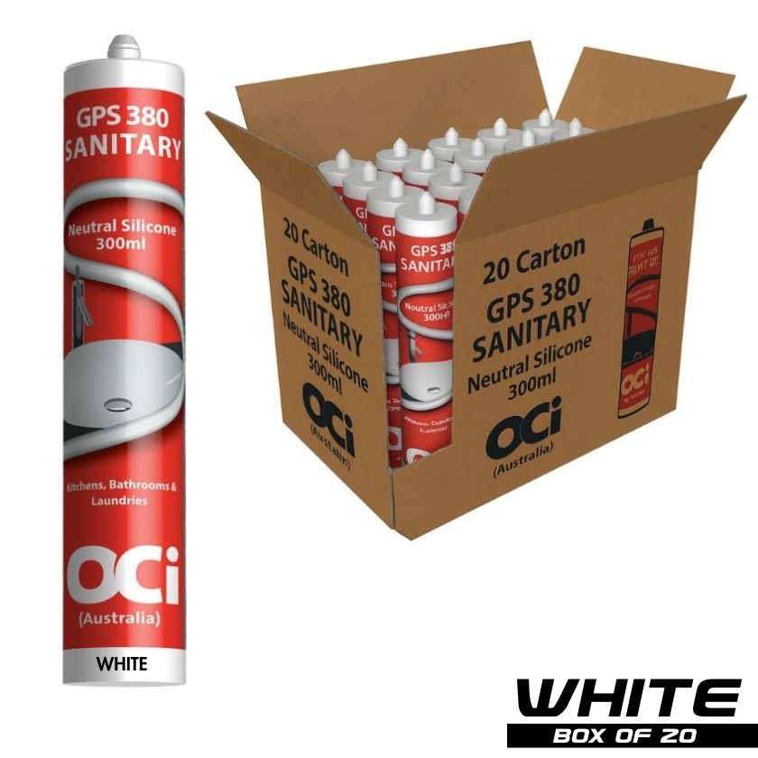 (Box of 20) – OCI GPS380 Kitchen & Bathroom Anti-Fungal Sanitary Silicone, Neutral Cure, 300ml Cartridges (WHITE) - South East Clearance Centre