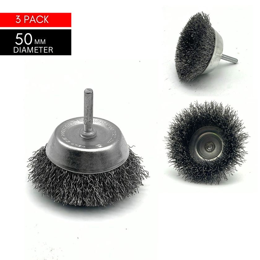 (3 Pack) Crimp Wire Spindle Mounted Cup Brush (50mm) - South East Clearance Centre