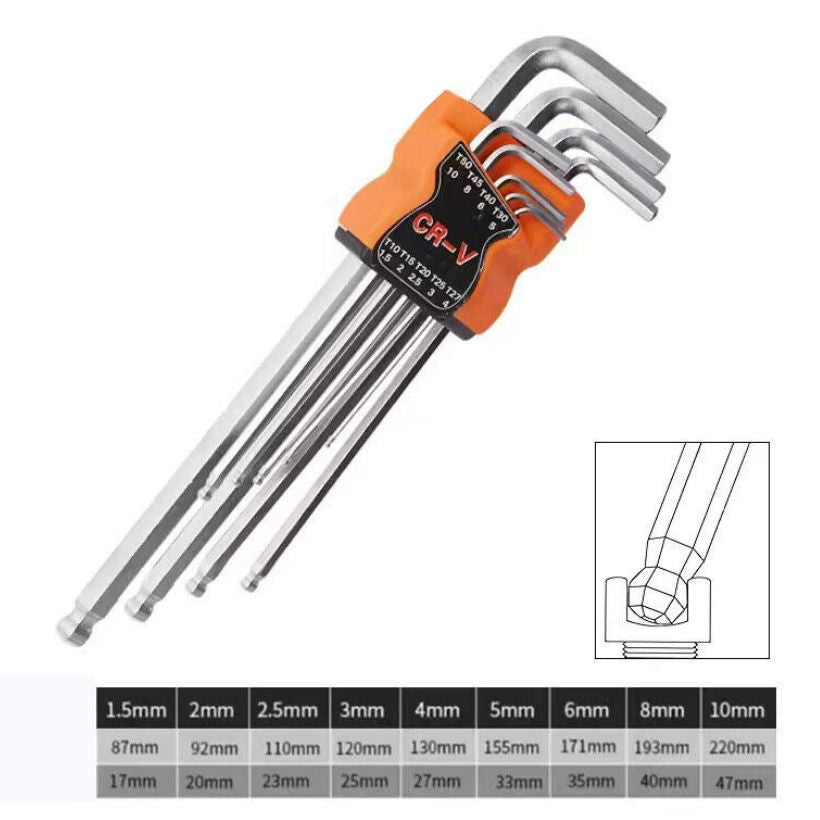 9 Piece Long Allen Key Hex Set | Ballpoint End - South East Clearance Centre