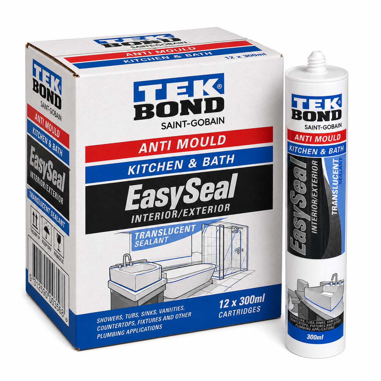 TEKBOND EasySeal Kitchen & Bath Anti Mould Silicone Sealant Translucent 300ml – Acetic Cure (Past Date)