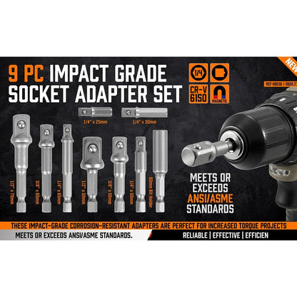 9-Piece Power Drill Socket Adapter Extension Set, 1/4" 3/8" and 1/2" Impact Driver Hex Shank, CrV Steel Drill Bit Extension Set with Magnetic Bit Holder - South East Clearance Centre