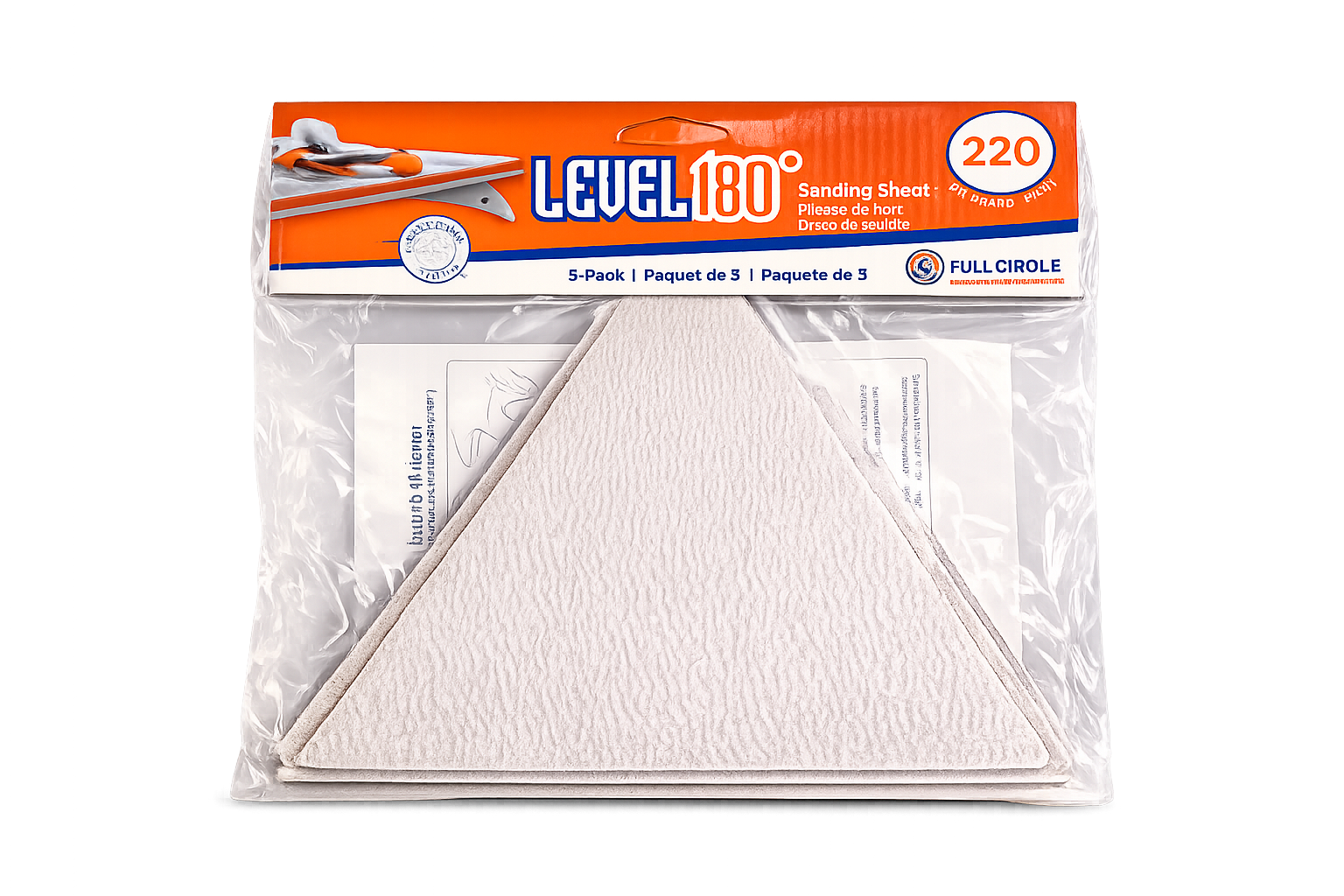 LEVEL180 180° Triangle Sanding Sheets 220 Grit – 5 Pack