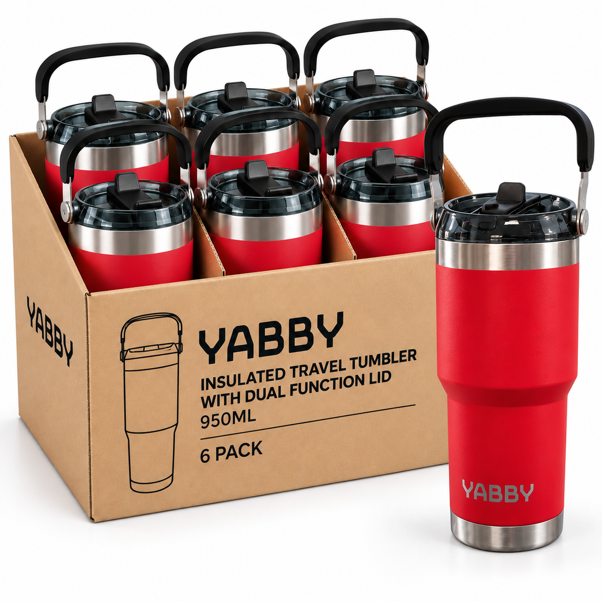 YABBY 950mL Insulated Travel Tumbler with Dual Function Lid – Red – 6 Pack - South East Clearance Centre