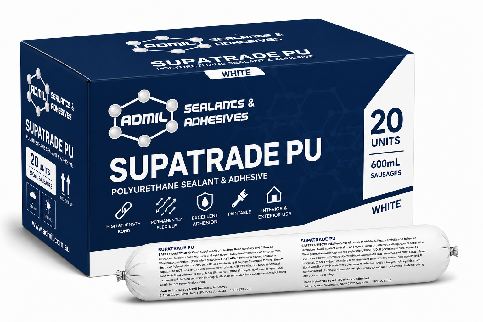 Admil SUPATRADE 104024 PU Polyurethane Sealant & Adhesive 600ml Sausage – Box of 20 (WHITE)
