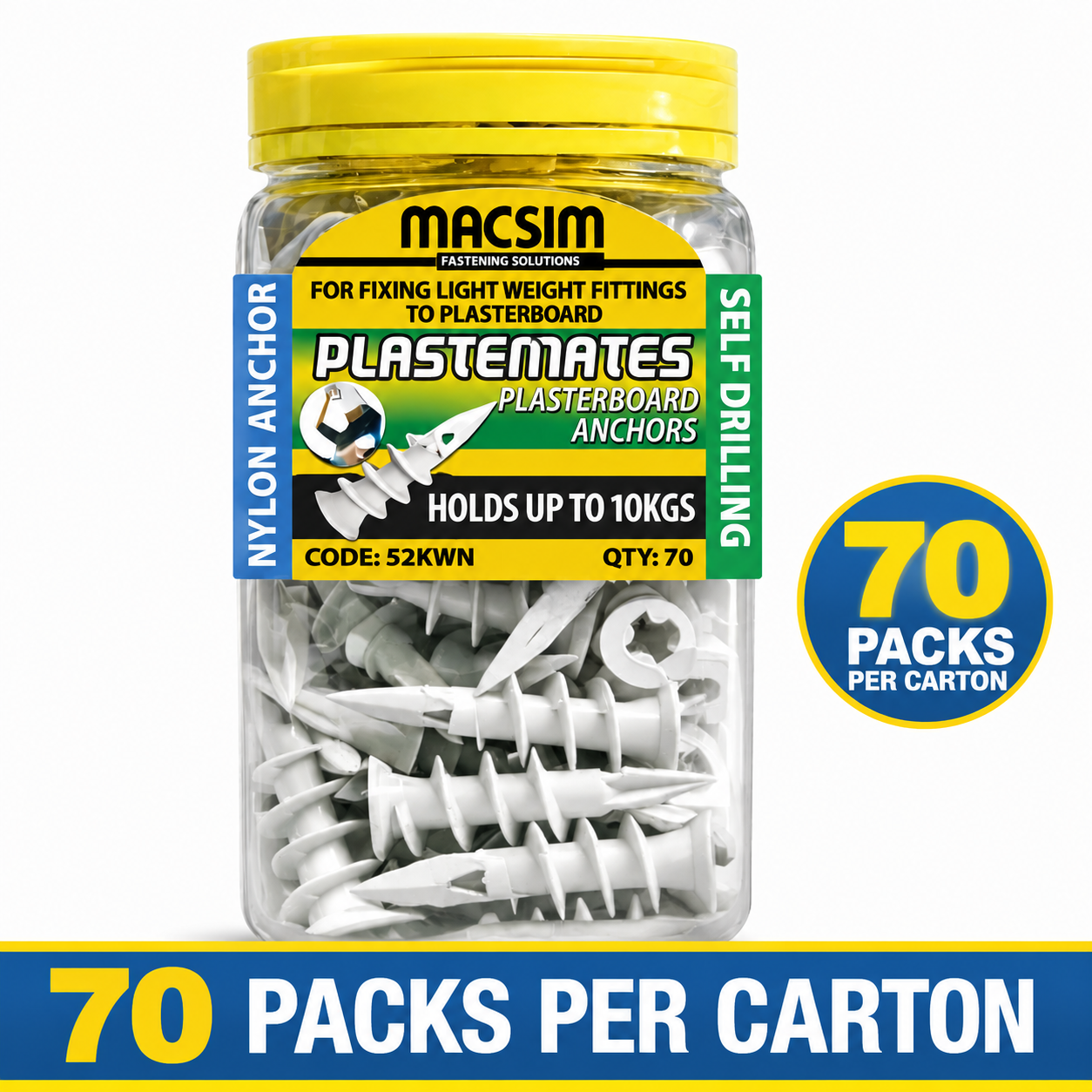 Macsim PlasteMates Self-Drilling Nylon Plasterboard Anchors 10kg — Carton of 3500 Anchors (50 Packs × 70)