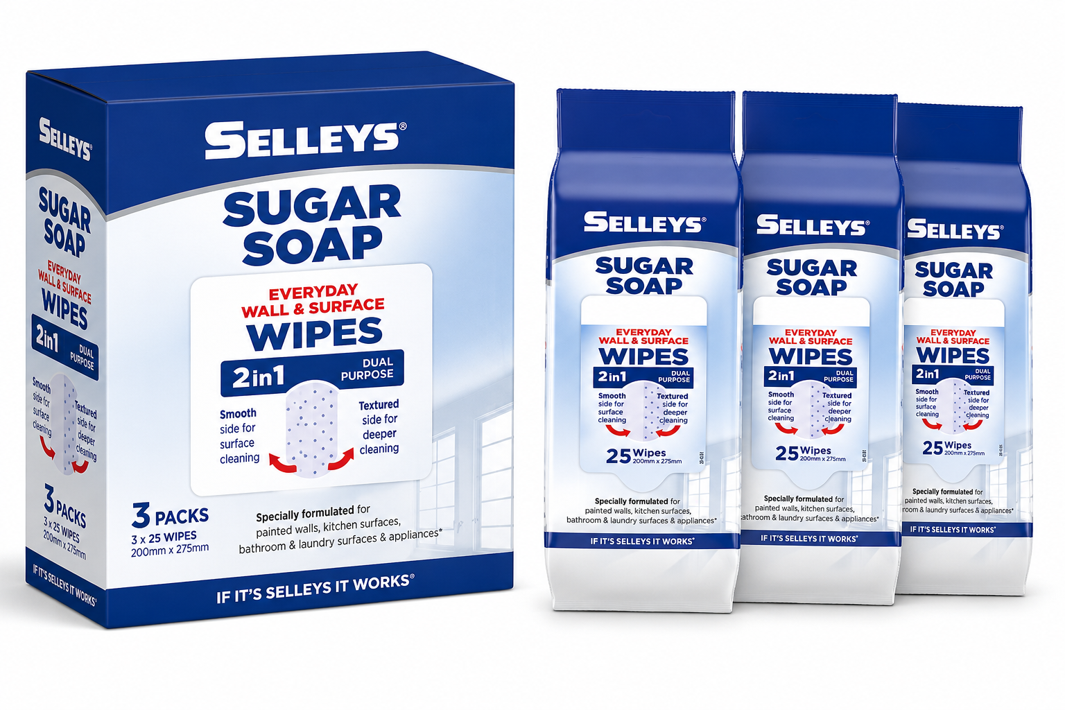 Selleys Sugar Soap Everyday Wall & Surface Wipes 2-in-1 Dual Purpose (25 Wipes – 3 Pack)