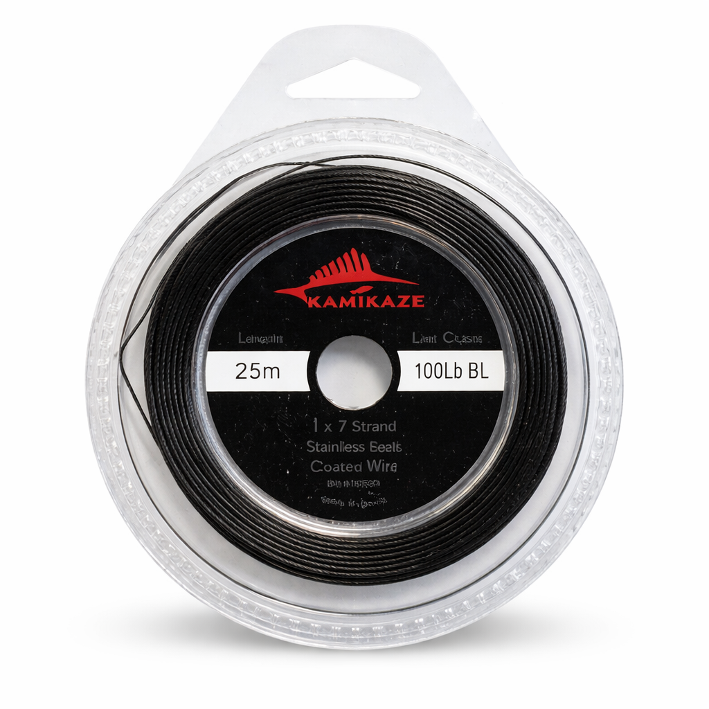 KAMIKAZE 1x7 Coated Black Wire 100lb 25m with Crimps
