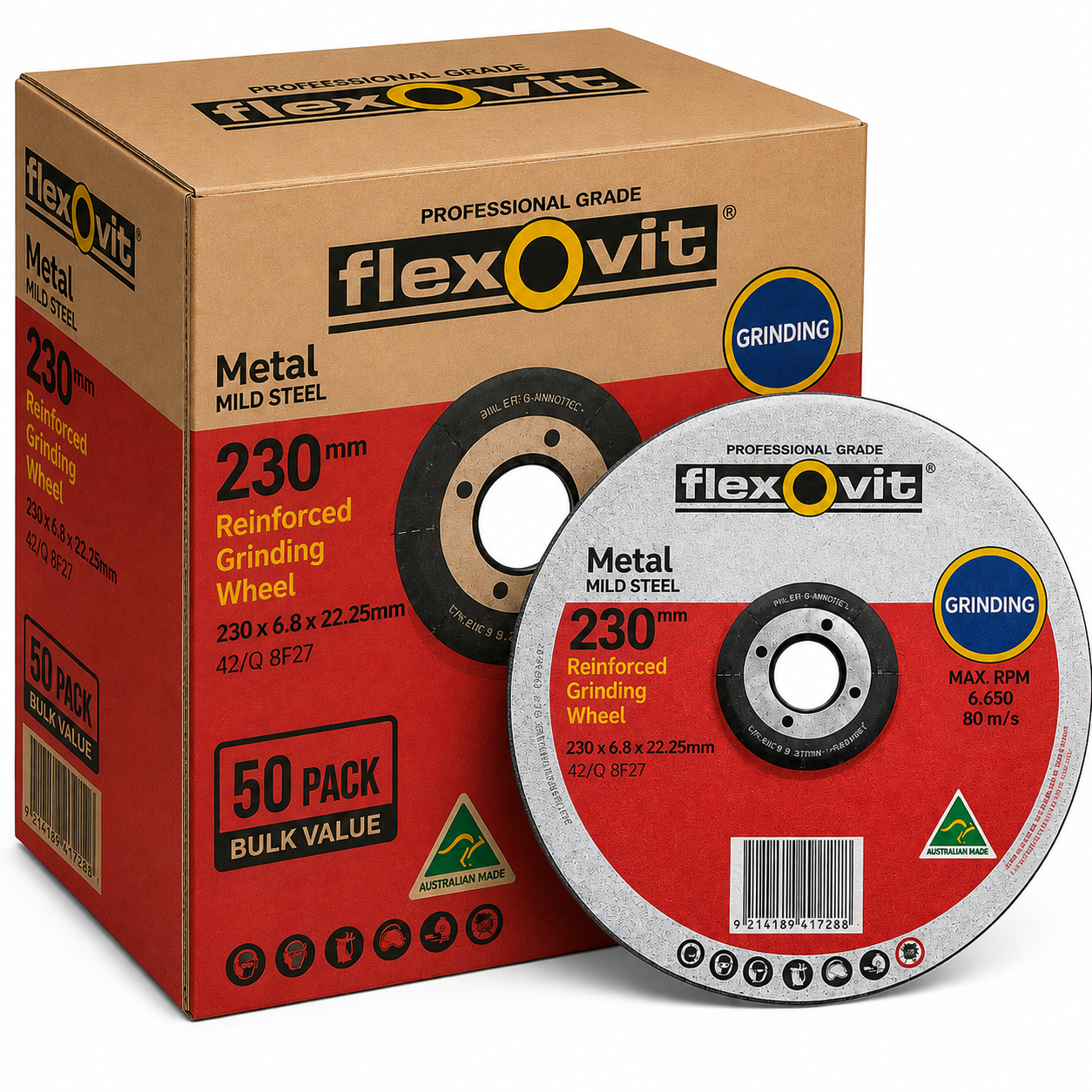 (Pack of 50) Flexovit 230 x 6.8 x 22.23mm Metal Grinding Wheel – Professional Grade Depressed Centre Disc
