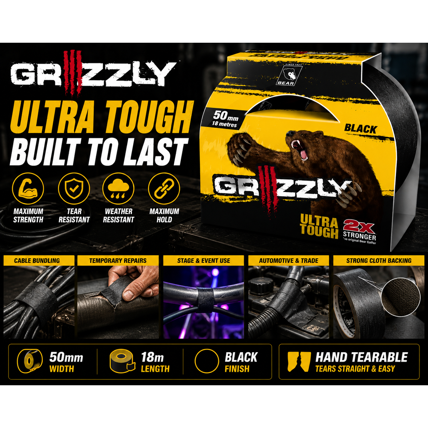 BEAR GRIZZLY Ultra Tough Gaffer Tape Black 50mm x 18m - South East Clearance Centre
