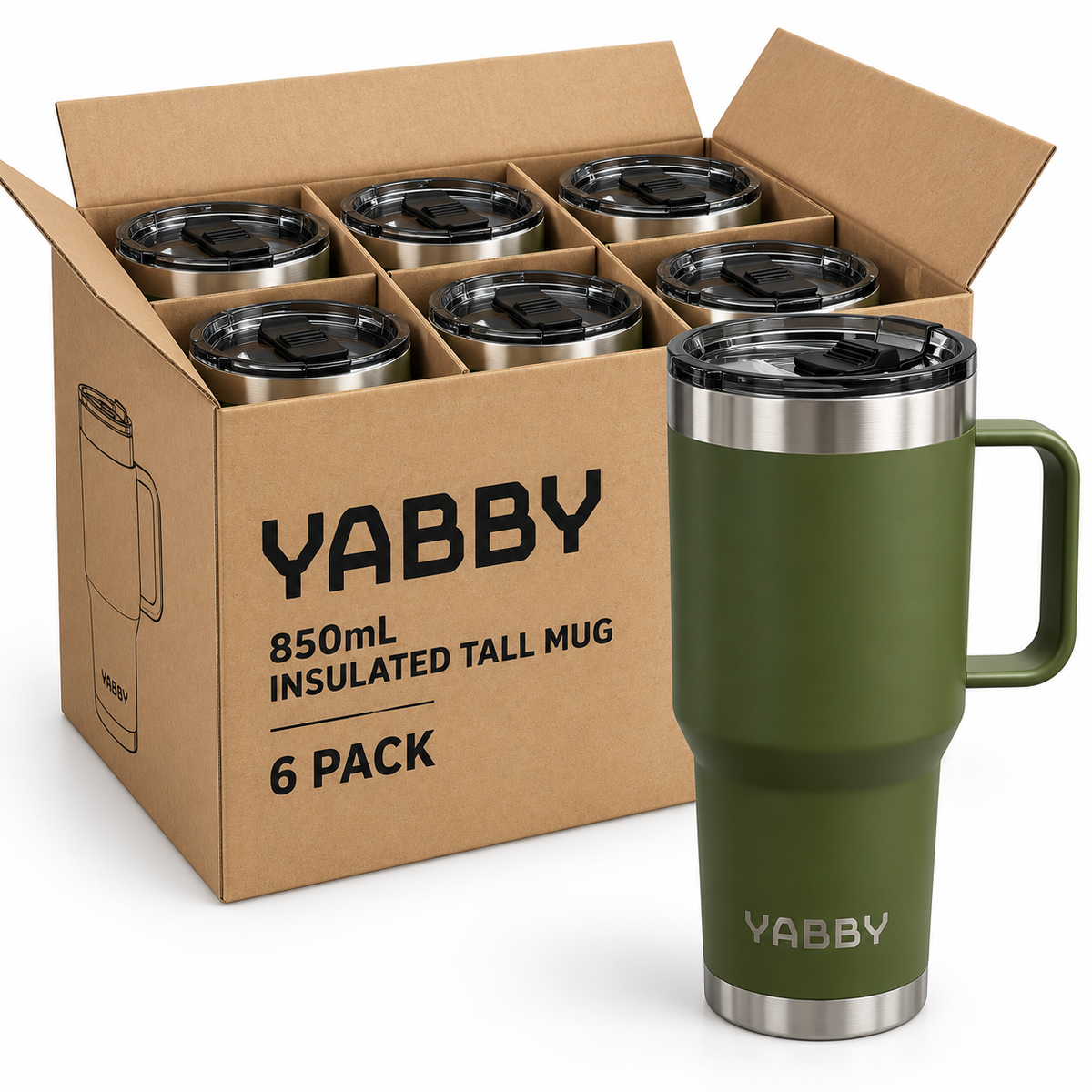 (6 Pack) 850ml Yabby Insulated Stainless Steel Tumbler With Handle - South East Clearance Centre