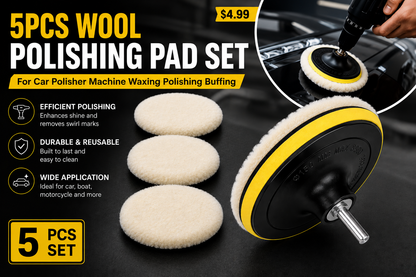 5 Piece - 5" Wool Polishing & Buffing Pad Kit | Hook & Loop Backing Pad with M14 to 6mm Drill Adapter