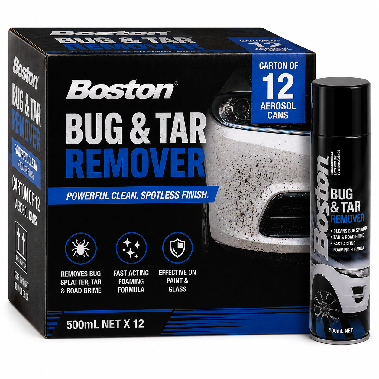 Boston Bug & Tar Remover Aerosol Spray 500mL – Removes Bugs, Tar & Road Grime (Box of 12)