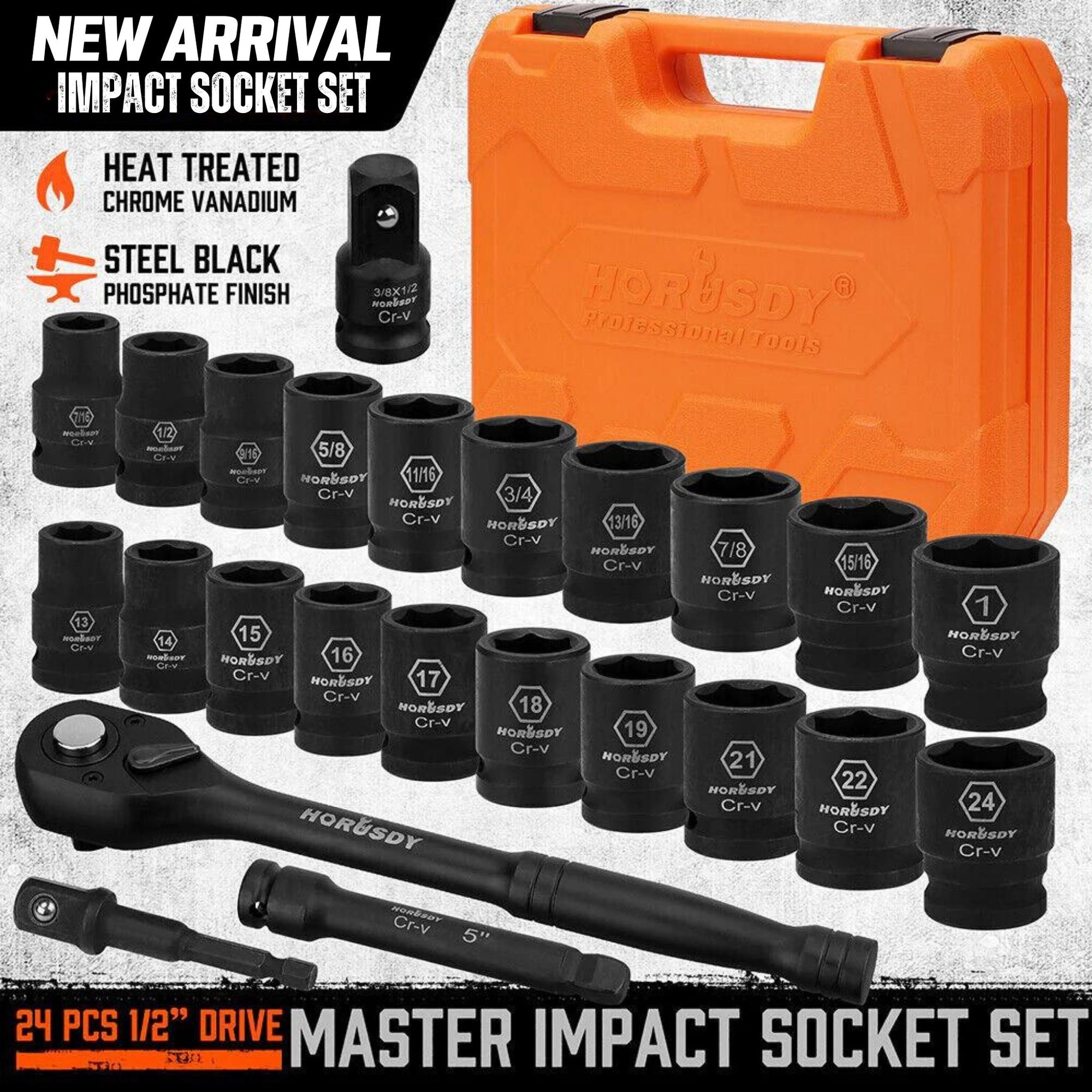24 Pcs 1/2" Drive Impact Socket Set SAE Metric Extension Bar Ratchet - South East Clearance Centre