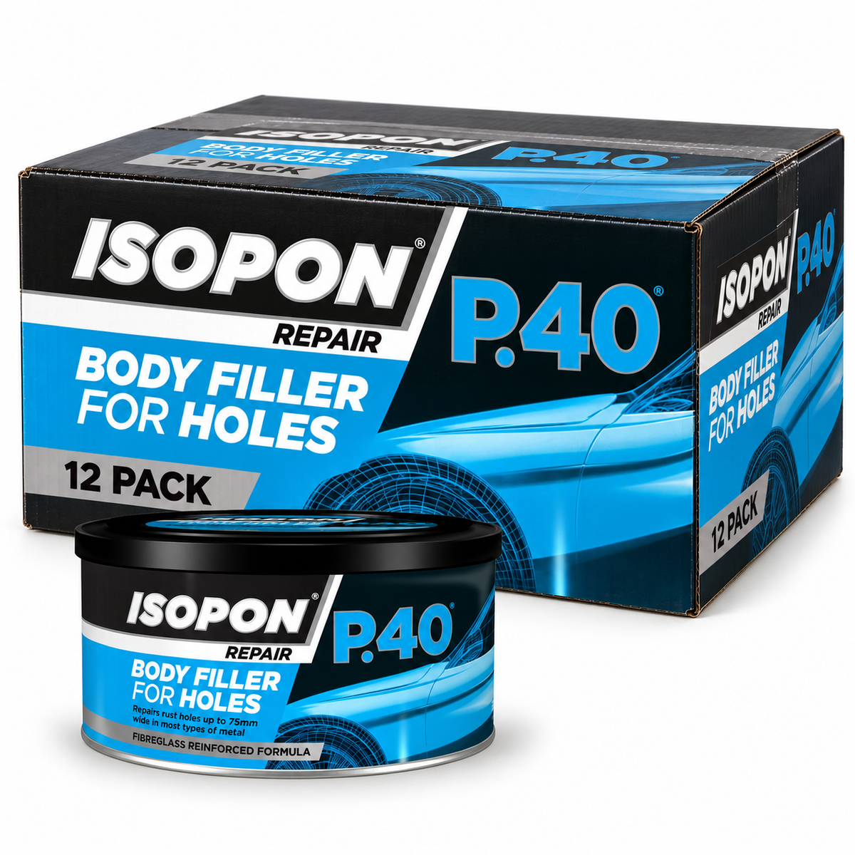 (Box of 12) Isopon P40 Fibreglass Reinforced Body Filler Paste For Holes Kit - 250mL - South East Clearance Centre
