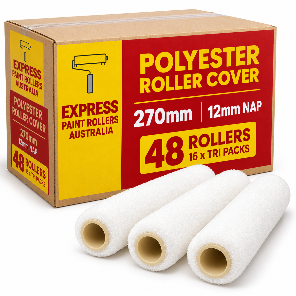 (48 Rollers) Express 270mm Polyester Paint Roller Covers 3 Pack | 12mm Nap | Reusable Roller Sleeves for Acrylic Paint