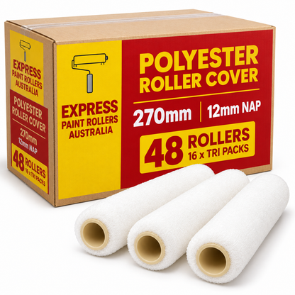 (48 Rollers) Express 270mm Polyester Paint Roller Covers 3 Pack | 12mm Nap | Reusable Roller Sleeves for Acrylic Paint