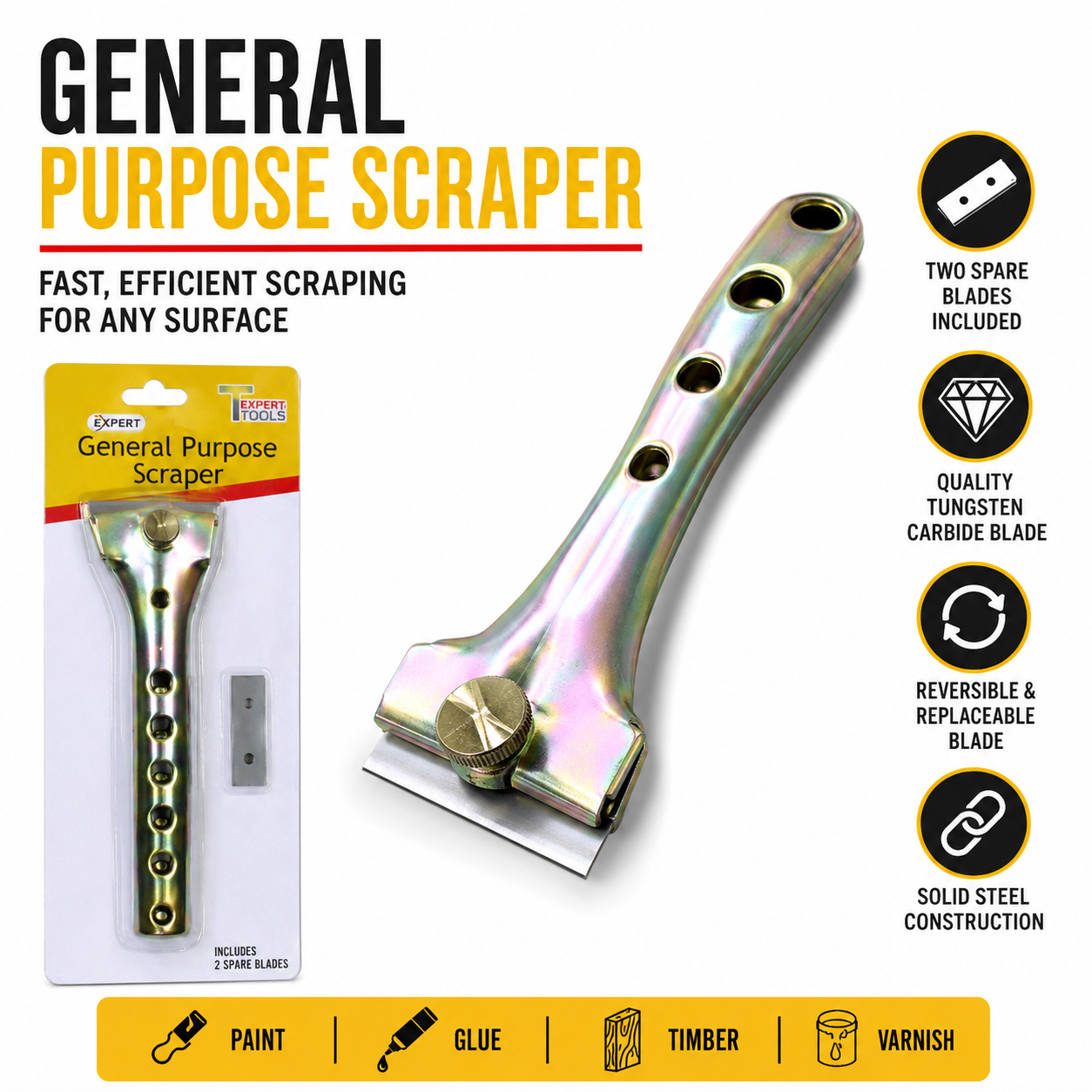 Paint Scraper with Tungsten Carbide Blade & 2 Spare Blades – Heavy Duty Steel Scraper