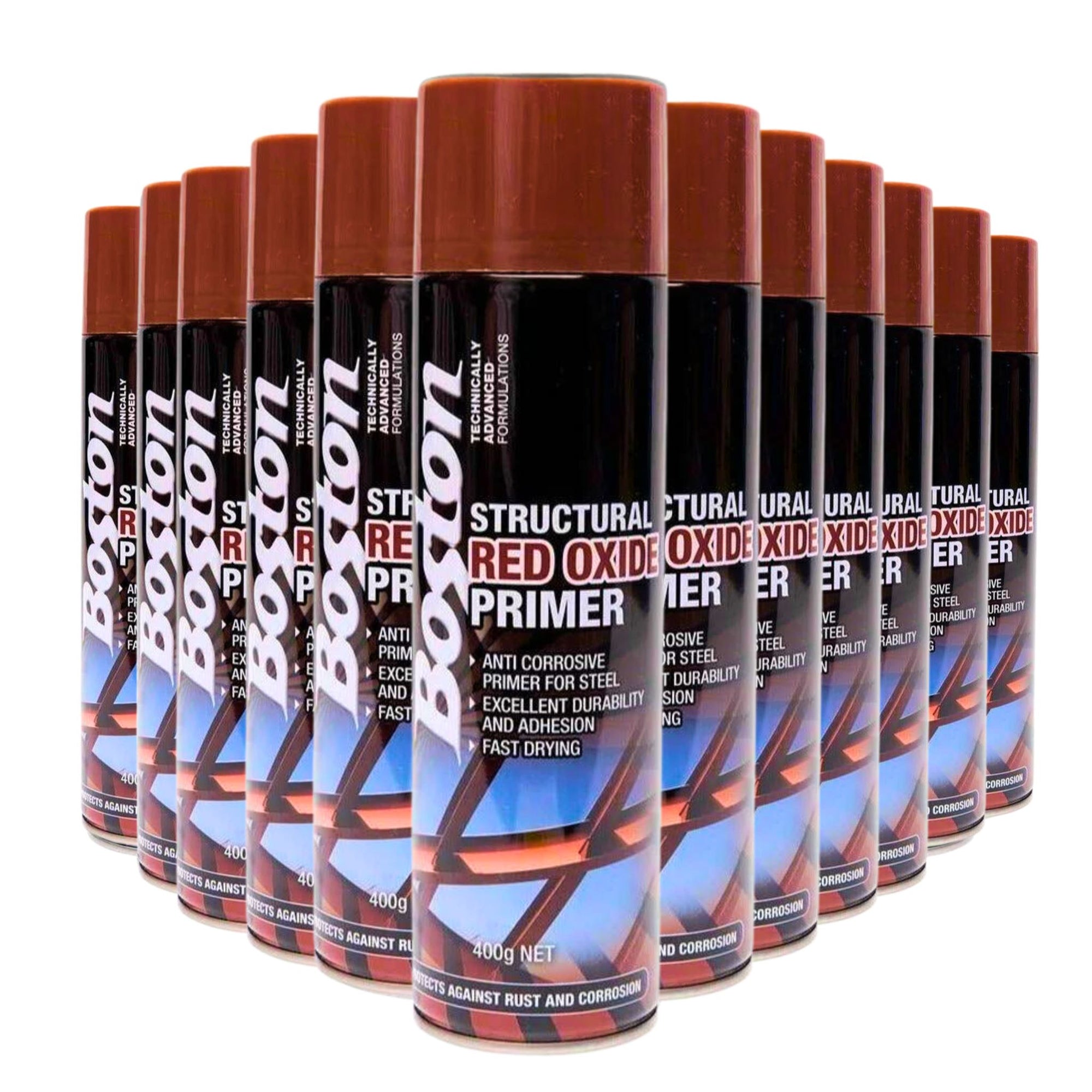 12 Cans | Boston Aerosol Structural Red Oxide Primer 400g (BT258) - South East Clearance Centre