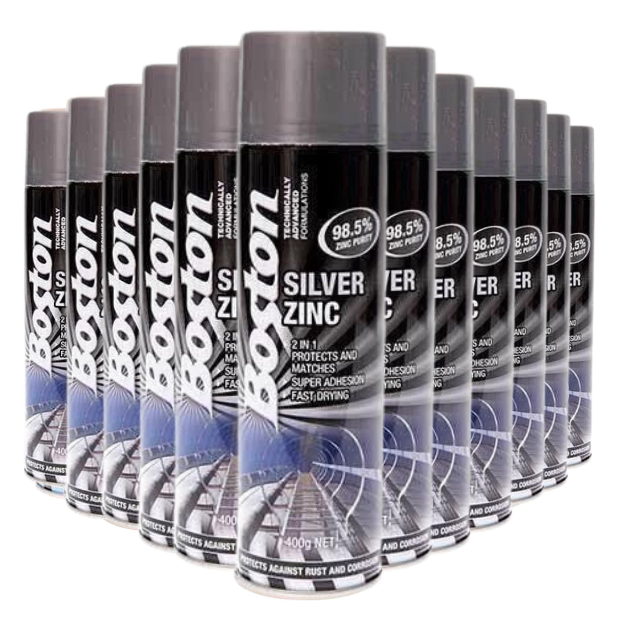 12 Cans | Boston Paint Silver Zinc 2 In 1 - 400g (BT255) - South East Clearance Centre