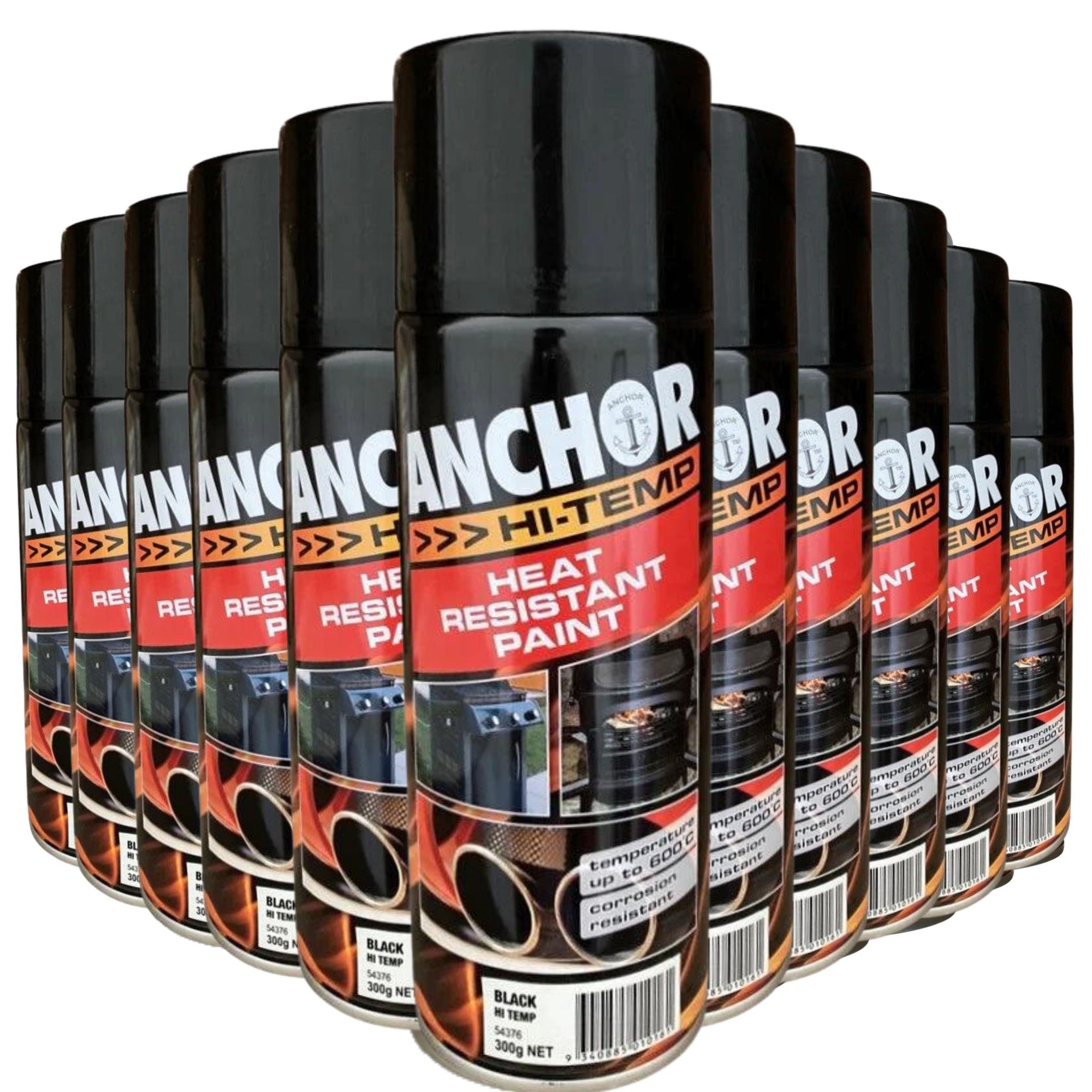 12 Cans | ANCHOR 54376 HI TEMP HEAT RESISTANT PAINT  | Up to 600° | 300g - BLACK - South East Clearance Centre