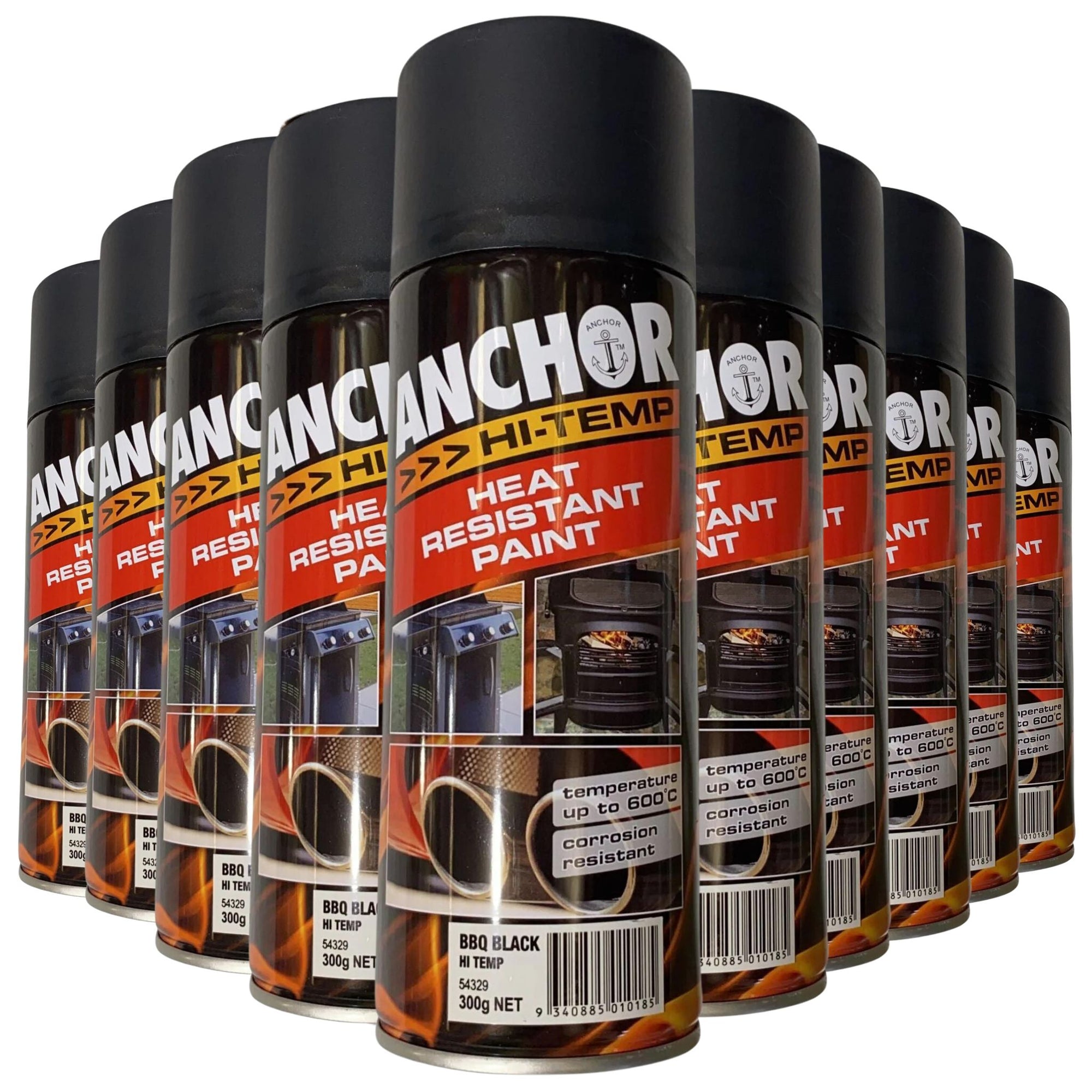 12 Cans | ANCHOR HI TEMP HEAT RESISTANT PAINT 54329  | Up to 600° | 300g - MATTE BBQ BLACK - South East Clearance Centre