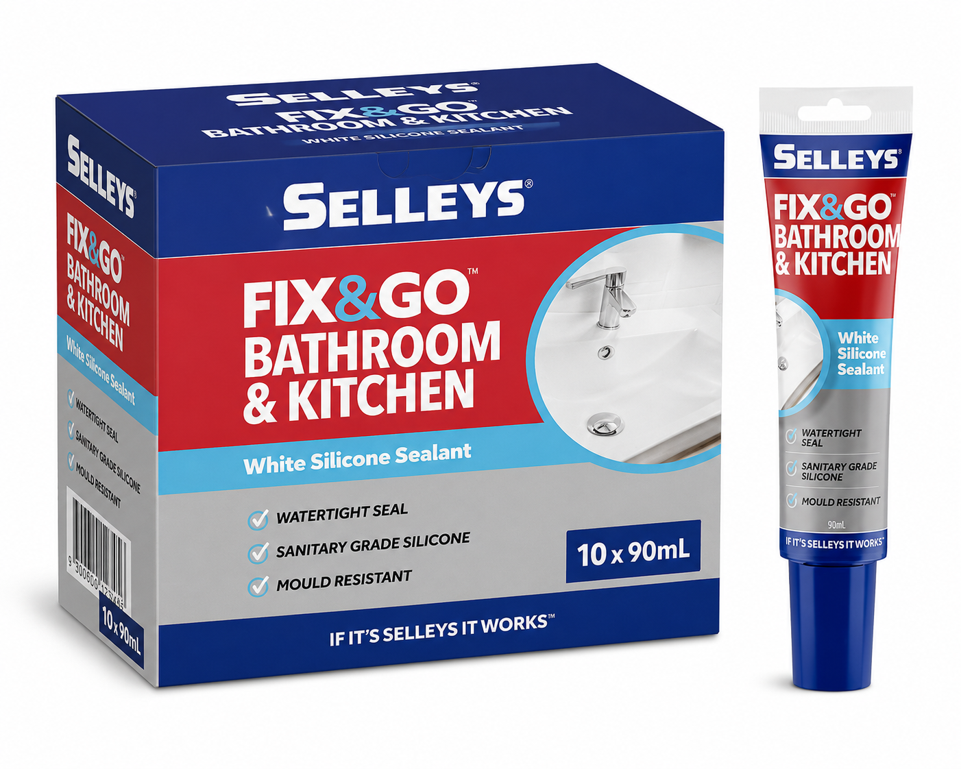 (10 Pack) Selleys Fix&Go Bath and Kitchen White Silicone Sealant 90mL